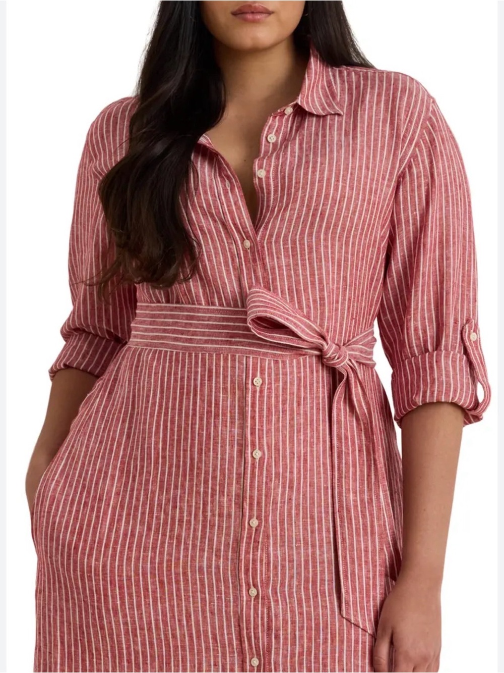 Ralph Lauren Red and White Striped Shirt Dress Linen - Picture 7 of 8